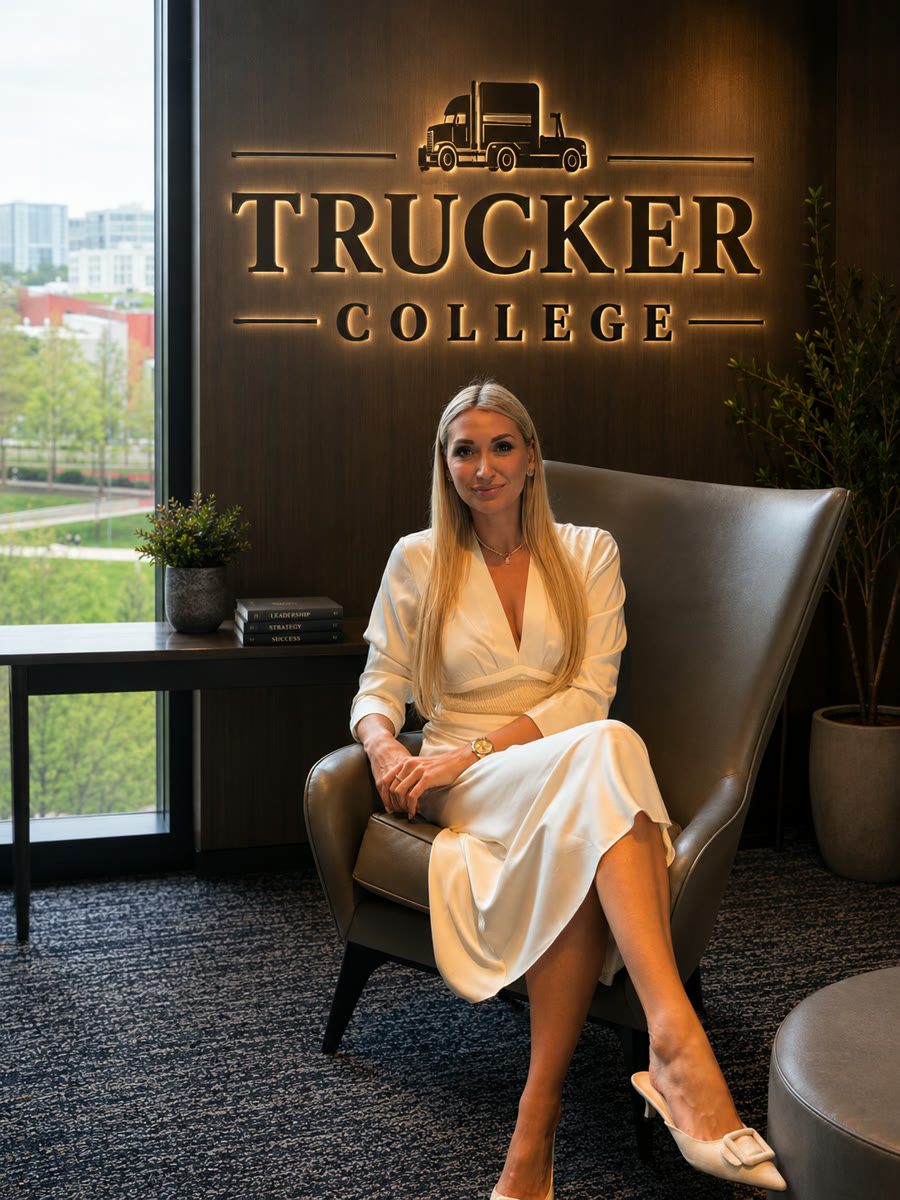 Vaiva, founder of Trucker College, in the Trucker College office