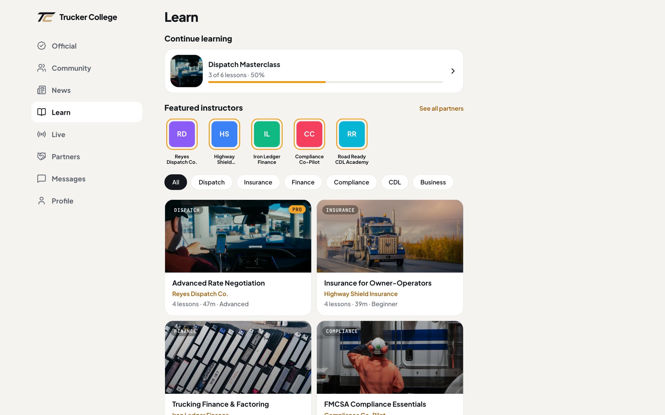 The Learn tab of Trucker College on a laptop