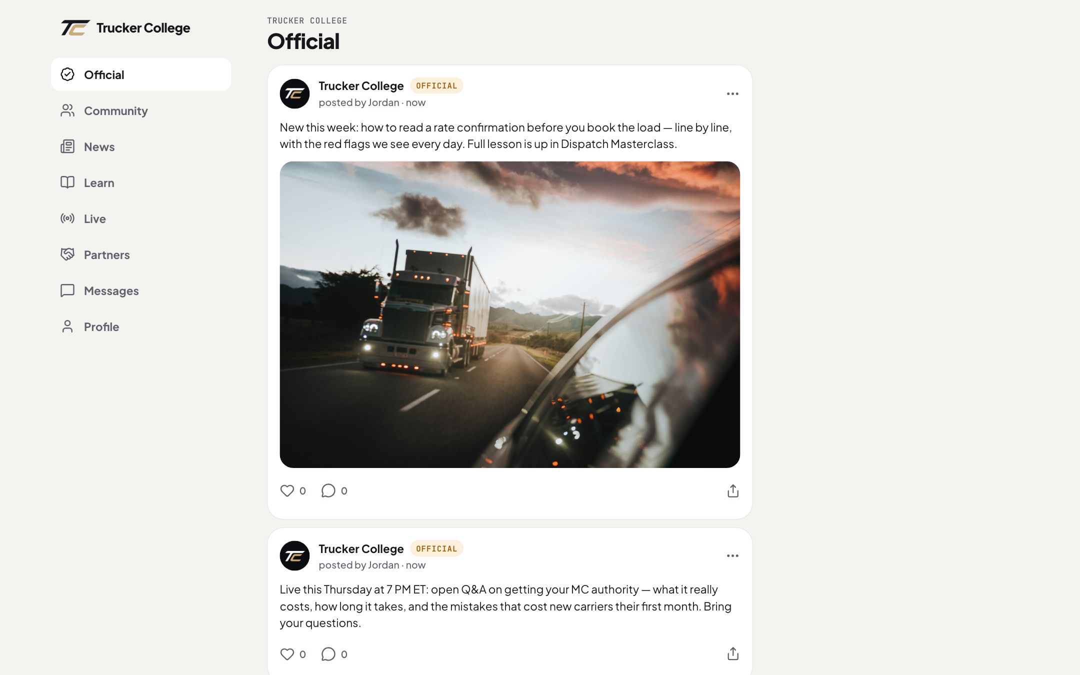 Trucker College on a laptop: the Official feed